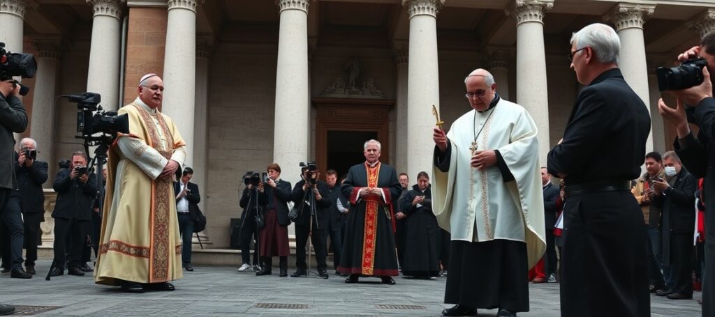 Fałszywy dialog Watykanu z SSPX: uzurpator Leon XIV (Robert Prevost) i 'kardynał' Victor Manuel Fernández udają pragnienie jedności z Bractwem św. Piusa X podczas nielegalnych święceń biskupów bez mandatu papieskiego w Rzymie przed bazyliką św. Piotra