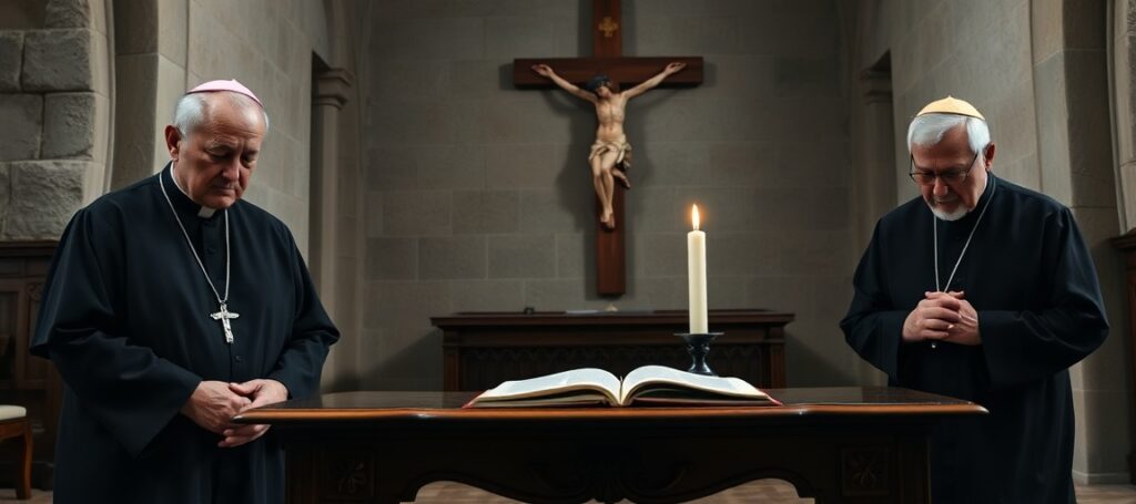 Dwóch biskupów FSSPX na klęczkach w modlitwie przed krucyfiksem w mrocznym kościele podczas drugiej rzekomej ekskomuniki