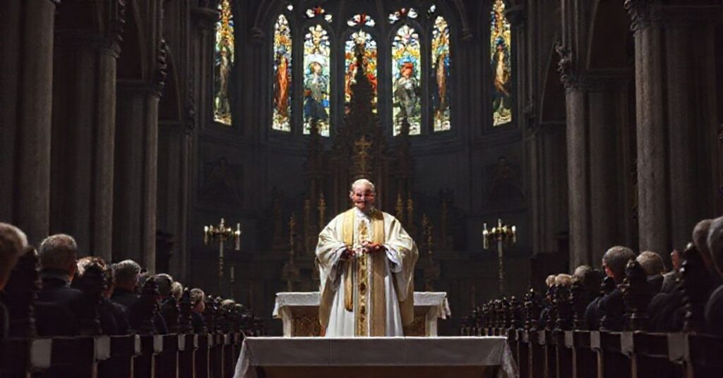 Wewnątrz tradycyjnego kościoła katolickiego podczas fałszywej ekumenicznej ceremonii w Rzymie. Arcybiskup Gallagher z ambasadorami Burch i Priputen.