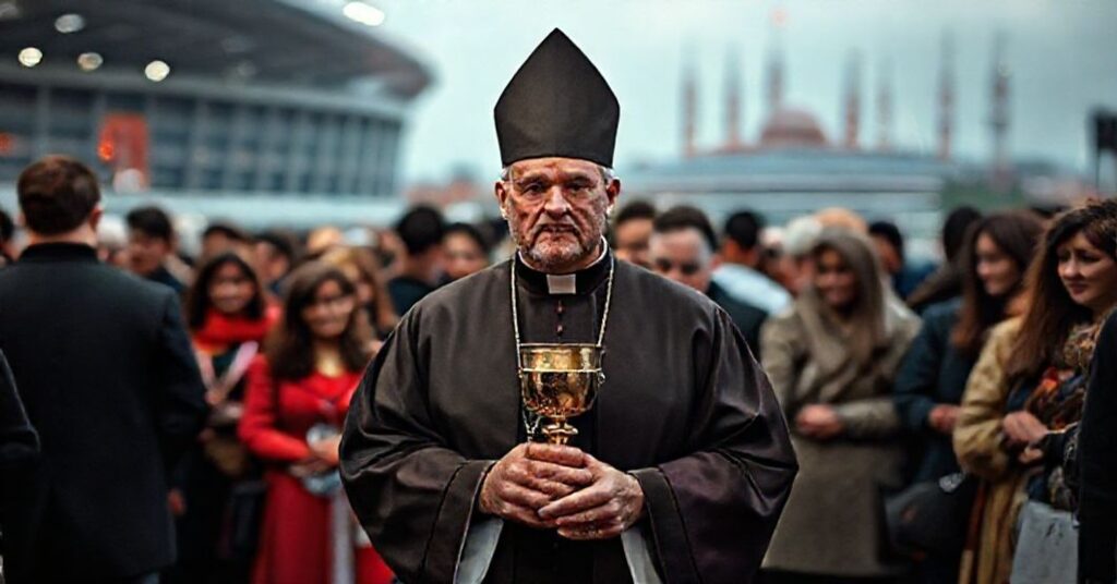 Prawosławny ksiądz w Turcji podczas kontrowersyjnego ekumenicznego spotkania w nowoczesnym stadionie