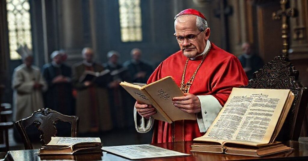 Biskup w tradycyjnych szatach kościelnych trzyma Kodeks Prawa Kanonicznego z 1917 roku, stojąc w ciemnym sakrystii. W tle widoczni są nowoczesni biskupi dyskutujący nad dokumentem 'Komisja ds. Nadużyć Seksualnych'.
