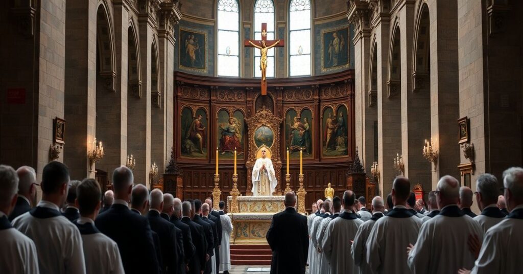 Sobór katolicki w tradycyjnym stylu z biskupem sedewakantystą celebrującym Mszę podczas farsy olimpijskiej