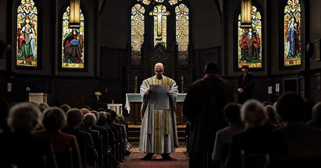 Porywająca scena w tradycyjnej katolickiej kościele w Buffalo z wiernymi modlącymi się przed zamkniętym ołtarzem i biskupem Michaelem Fisherem trzymającym dokument o zamknięciu parafii.
