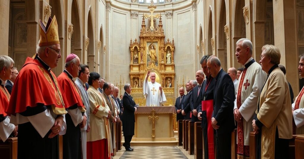 Kardynał Pietro Parolin spotykający się z maltańskimi politykami w Kościele św. Jana w Valletcie podczas fałszywej mszy w języku angielskim.