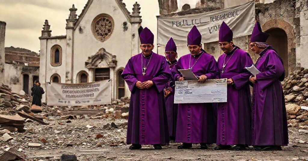 Scena w Fatimie przedstawiająca 'biskupów' nowego porządku dyskutujących o wypłatach odszkodowawczych dla ofiar nadużyć seksualnych.