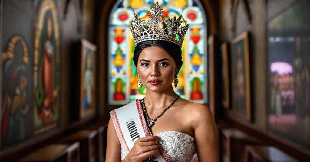 Portret Fatimy Bosch Fernándeza, Miss Universe 2025 w kaplicy z wizerunkami Matki Bożej z Guadalupe i męczenników Cristero
