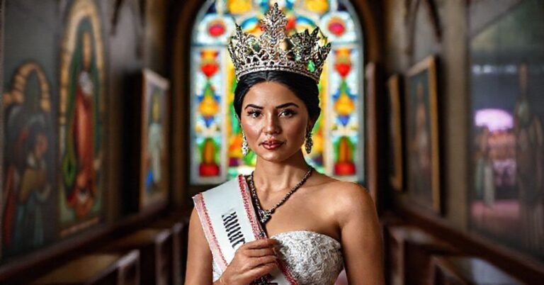 Portret Fatimy Bosch Fernándeza, Miss Universe 2025 w kaplicy z wizerunkami Matki Bożej z Guadalupe i męczenników Cristero