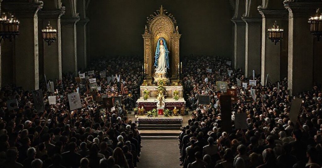 Grupa pielgrzymów w sanktuarium Fatimy z subtelnymi oznakami duchowego zamieszania i odchyleń od doktryny