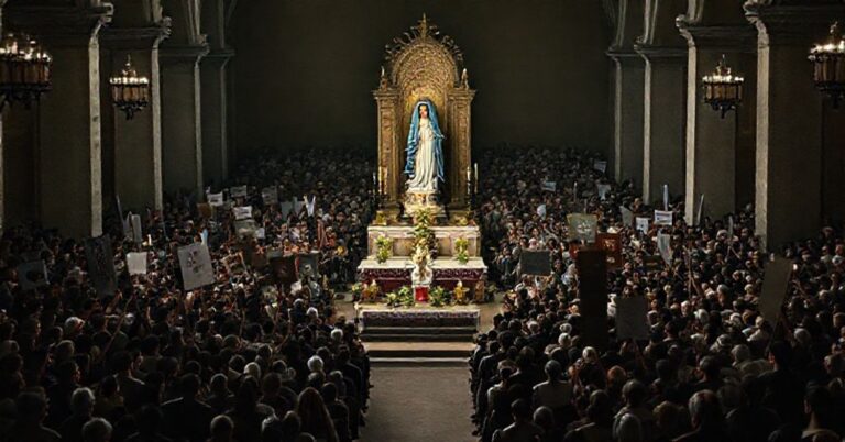 Grupa pielgrzymów w sanktuarium Fatimy z subtelnymi oznakami duchowego zamieszania i odchyleń od doktryny