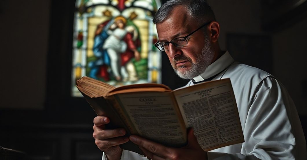 Tradycyjny ksiądz katolicki z troską rozpatruje historyczną relację o objawieniach fatimskich przy witrażu przedstawiającym Ukrzyżowanie.