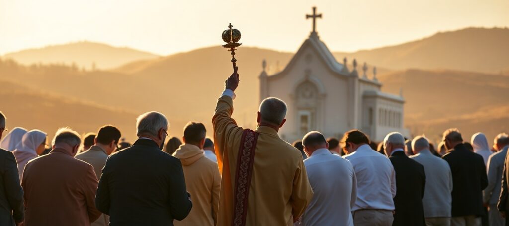 Grup pielgrzymów modlących się w sanktuarium Fatimy o świt, z księdzem podnoszącym monstrancję z Najświętszym Sakramentem. Scena odzwierciedla tradycyjną pobożność katolicką i dążenie do duchowego odrodzenia.