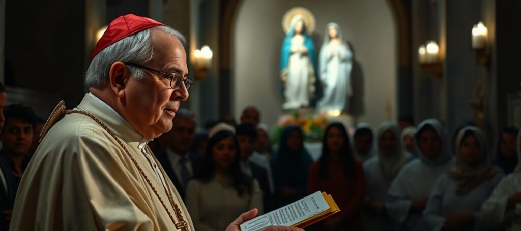 Obraz przedstawiający sanktuarium w Fatimie podczas uroczystości 109. rocznicy objawień. Patriarcha Lizbony Rui Valério wygłasza homilię o "rodzinie ludzkości" i "Dolinie Pokoju". W tle widoczna jest statua Matki Bożej z Fatimy.