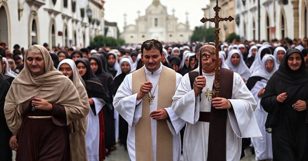 Solemna procesja polskich pielgrzymów w Fatimie z kapłanem trzymającym krzyż, na tle bazyliki. Na tle widoczna jest grupa muzułmańskich pielgrzymów z Indonezji.