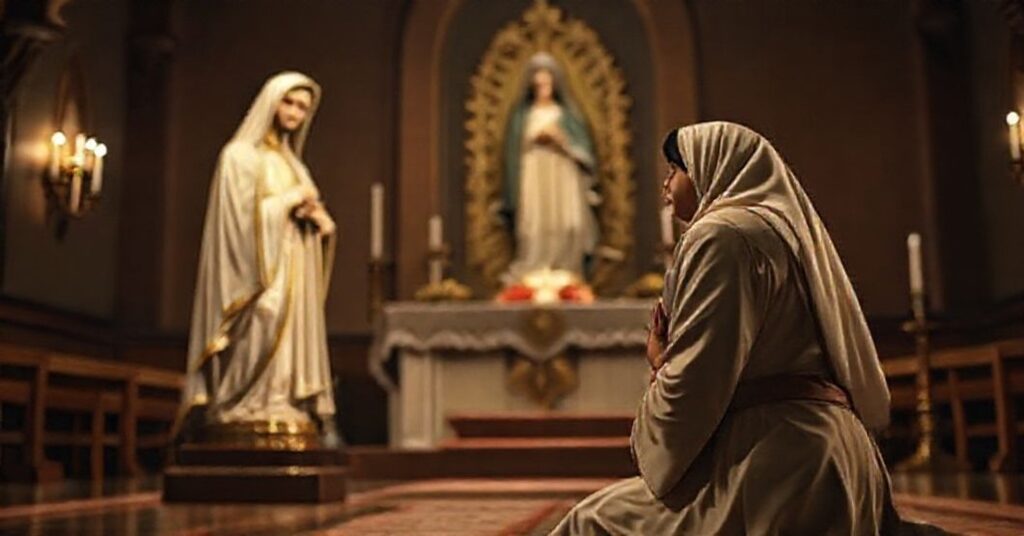 Scena ukazująca Dr Brancę Acevedo modlącą się przed figurą Matki Boskiej z Fatimy w ciemnym kościele, symbolizującą fałszywe duchowe nawrócenie.