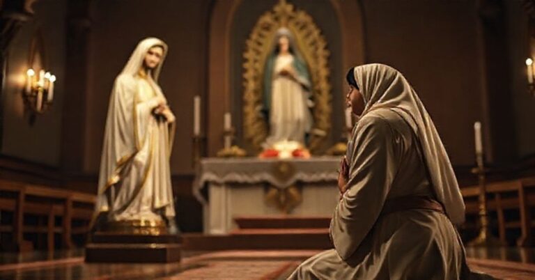 Scena ukazująca Dr Brancę Acevedo modlącą się przed figurą Matki Boskiej z Fatimy w ciemnym kościele, symbolizującą fałszywe duchowe nawrócenie.