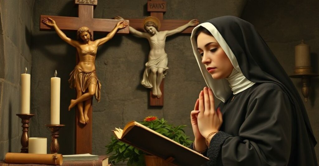 Tradycyjny katolicki obraz przedstawiający siostrę Faustynę Kowalską modląca się przed krucyfiksem z poważnym wyrazem twarzy, odwołujący się do teologicznych błędów modernizmu.