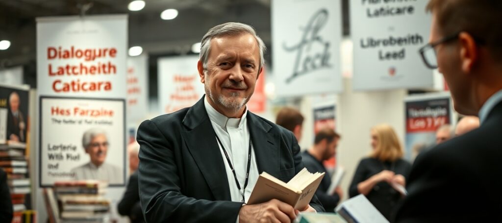 Lorenzo Fazzini z Libreria Editrice Vaticana na targach książki w Warszawie - scena propagandowa sekty posoborowej