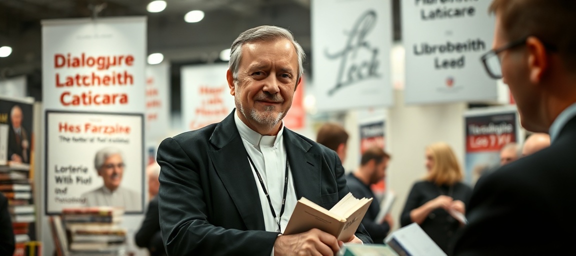 Lorenzo Fazzini z Libreria Editrice Vaticana na targach książki w Warszawie - scena propagandowa sekty posoborowej