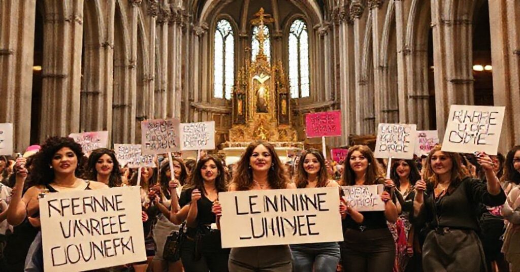 Grupa kobiet w nowoczesnych ubraniach w nawie wielkiej archikatedry katolickiej z feministowskimi transparentami. Atmosfera aktywizmu świeckiego zamiast czci religijnej.
