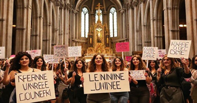 Grupa kobiet w nowoczesnych ubraniach w nawie wielkiej archikatedry katolickiej z feministowskimi transparentami. Atmosfera aktywizmu świeckiego zamiast czci religijnej.