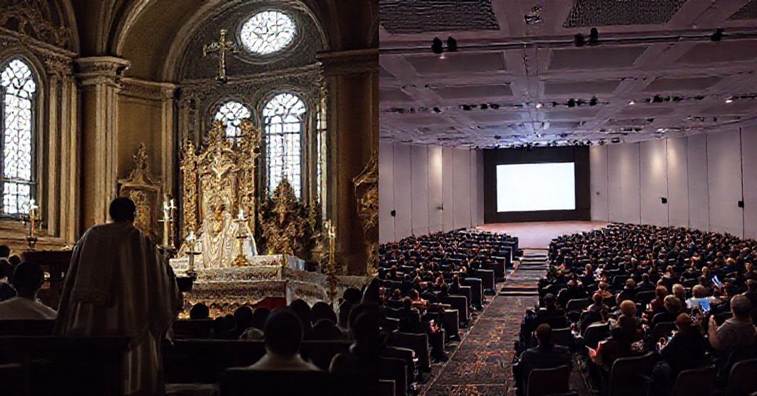 Konkretny obraz tradycyjnej mszy katolickiej w porównaniu z nowoczesnym wydarzeniem FENIKS 2025.