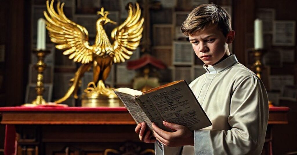 Tradycyjny ołtarz katolicki z posągiem Feniksa symbolizującym nowoczesną herezję. Młody mężczyzna w tradycyjnym stroju trzyma zwiędłą Biblię, na tle nowoczesnych innowacji liturgicznych i heretyckich publikacji.