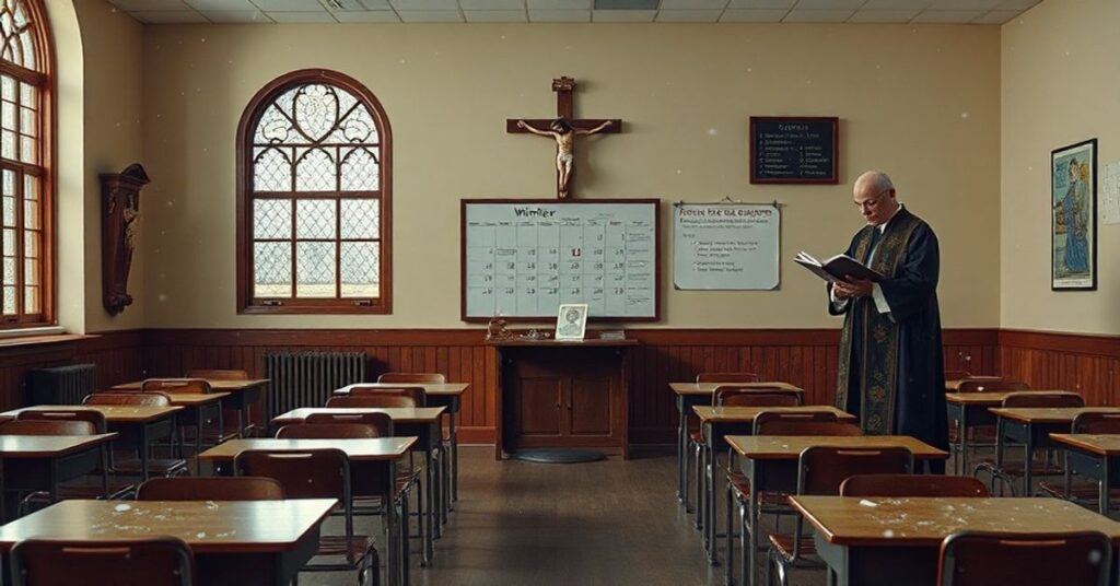 Pusty klasowy pokój szkolny z krzyżem na ścianie i kalendarzem pokazującym ferie zimowe bez odniesienia do kalendarza liturgicznego. Kapłan w tradycyjnych szatach stoi modląc się w kontrast z nauczycielem świeckim trzymającym nowoczesny podręcznik. Śnieg pada przez witraże, symbolizując duchową zimę w współczesnej edukacji.