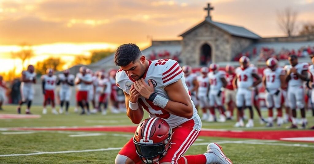 Fernando Mendoza modli się na boisku po zwycięstwie Big Ten 2025