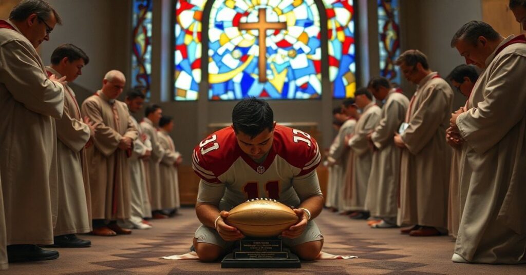 Fernando Mendoza z trofeum Heisman w modlitewnym kaplicy nowoczesnej, otoczony duchownymi z ośrodka Newmana na Uniwersytecie Indiana