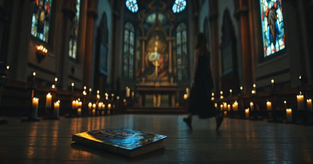 Pusty kościół w Krakowie z wylotami nowoczesnego festiwalu przez witraże. Na podłodze leży książka „Koniec” Marty Hermanowicz.