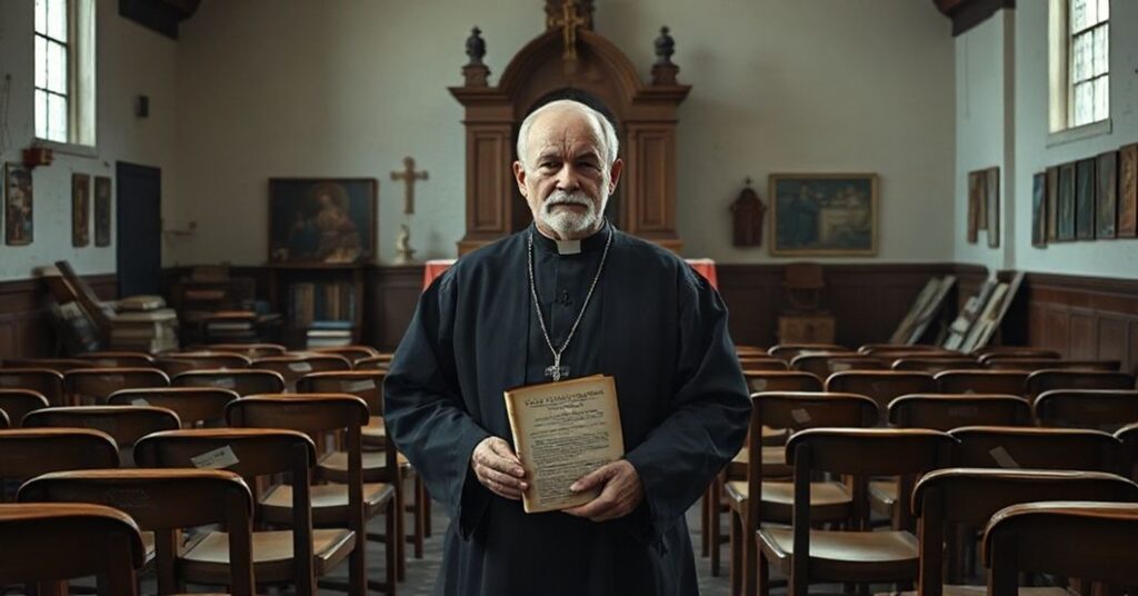 Pustość i apostazja: tradycyjny ksiądz przed zamkniętym tabernakulum w opuszczonej kościelnej sali po Festiwalu Katolickiej Nauki Społecznej