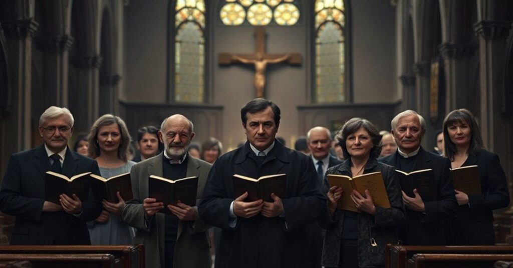 Ciemny wnętrze kościoła z blaknącym krzyżem na tle. Grupa światowych autorów prezentuje swoje książki w przestworach bez Chrystusa Króla.