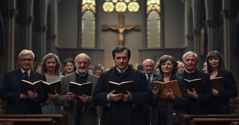 Ciemny wnętrze kościoła z blaknącym krzyżem na tle. Grupa światowych autorów prezentuje swoje książki w przestworach bez Chrystusa Króla.