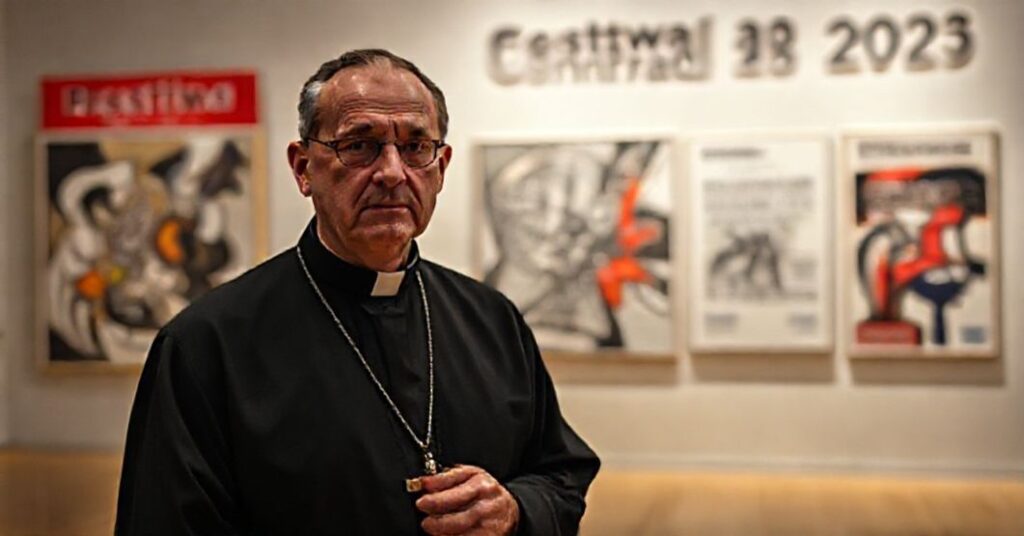 Ksiądz katolicki patrzy z obawą na wystawę awangardowej sztuki podczas Festiwalu Conrada 2025, symbolizując konflikt między wiarą a nowoczesną dezintegracją