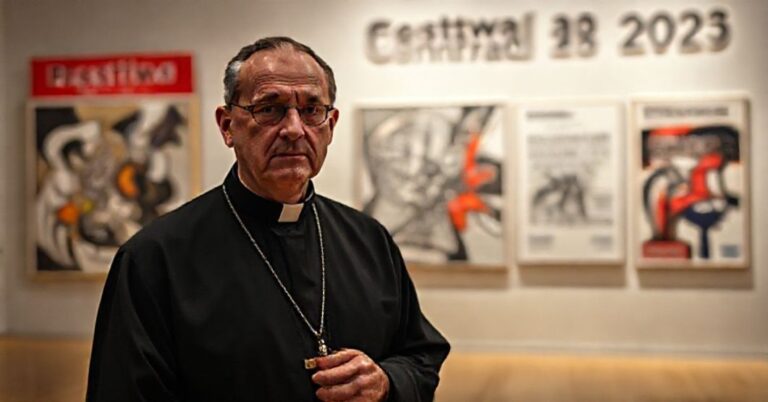 Ksiądz katolicki patrzy z obawą na wystawę awangardowej sztuki podczas Festiwalu Conrada 2025, symbolizując konflikt między wiarą a nowoczesną dezintegracją