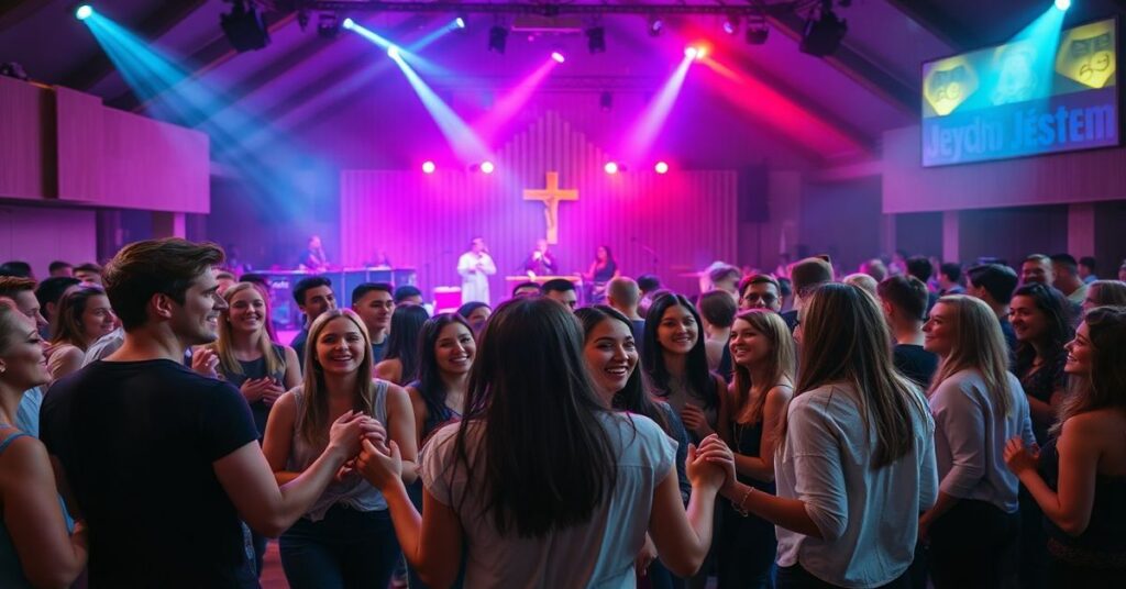 Grupa młodych ludzi na festiwalu Jerycho Młodych w Pratulinie pod hasłem 'Jestem'