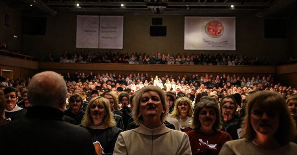 Zdjęcie przedstawiające 32. Międzynarodowy Festiwal Kolęd i Pastorałek w Będzinie, Diecezja Sosnowiecka. Widoczna jest hala widowiskowo-sportowa przekształconą w scenę koncertową z artystami w świeckim ubiorze.