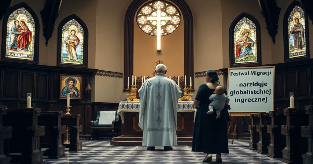 Tradycyjny katolicki wnętrze kościoła z witrażami przedstawiającymi migracje, kontrastującymi z nowoczesnymi symbolami świeckimi. Na pierwszym planie ksiądz w kasule modli się przed ołtarzem z kandelabrami i ikonami religijnymi. W tle kobieta z dzieckiem stoi obok tablicy z napisem „Festiwal Migracji - narzędzie globalistycznej inżynierii społecznej”, symbolizując kryzys duchowy.