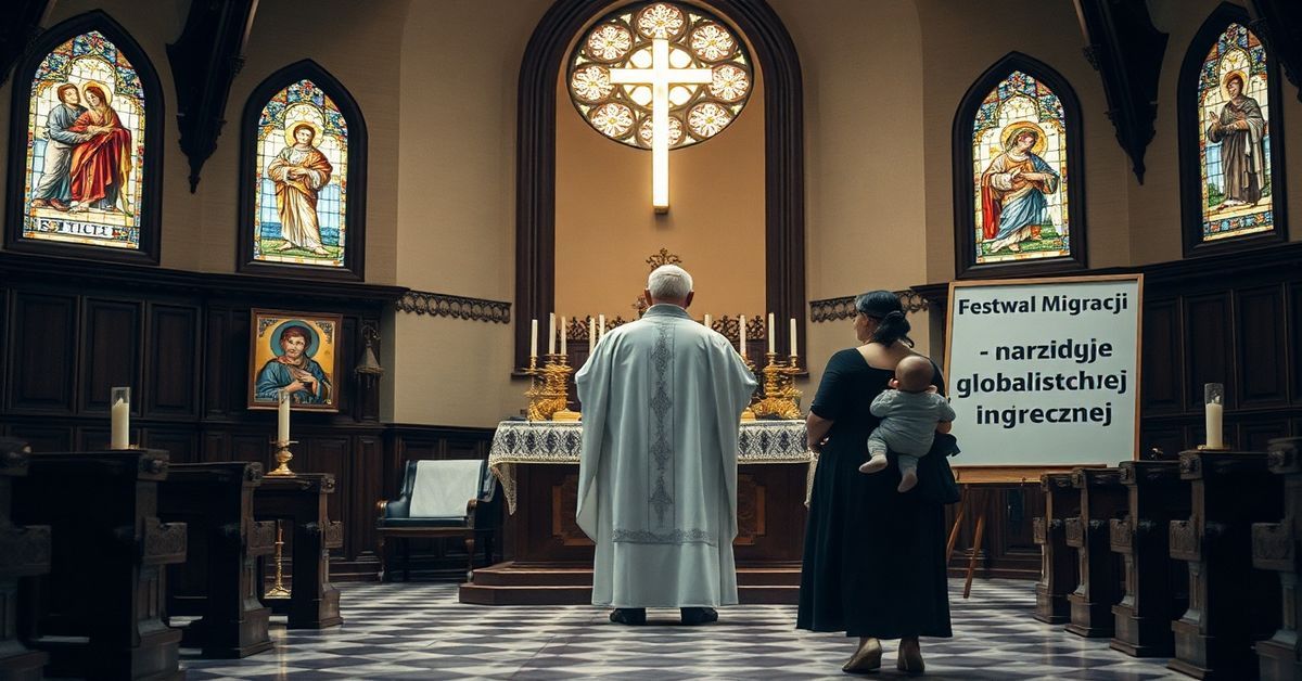 Tradycyjny katolicki wnętrze kościoła z witrażami przedstawiającymi migracje, kontrastującymi z nowoczesnymi symbolami świeckimi. Na pierwszym planie ksiądz w kasule modli się przed ołtarzem z kandelabrami i ikonami religijnymi. W tle kobieta z dzieckiem stoi obok tablicy z napisem „Festiwal Migracji - narzędzie globalistycznej inżynierii społecznej”, symbolizując kryzys duchowy.