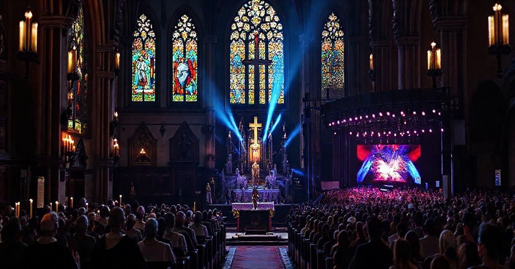 Pojedynczy wierny modli się w pustym kościele podczas odbywającego się na zewnątrz sekularyzowanego festiwalu muzycznego