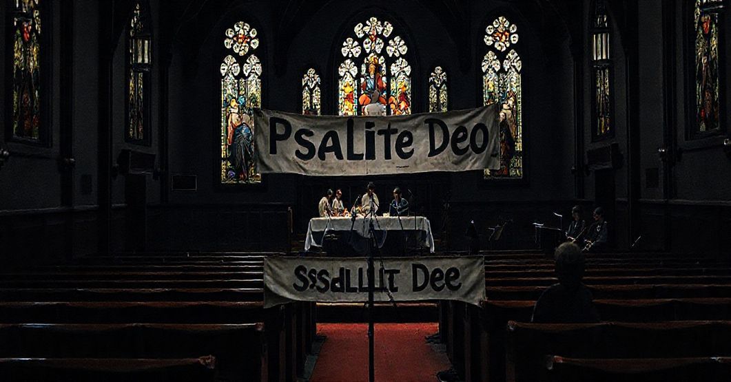 Wnętrze kościoła z sceną koncertową i jury w tle - przykład dewastacji sztuki sakralnej