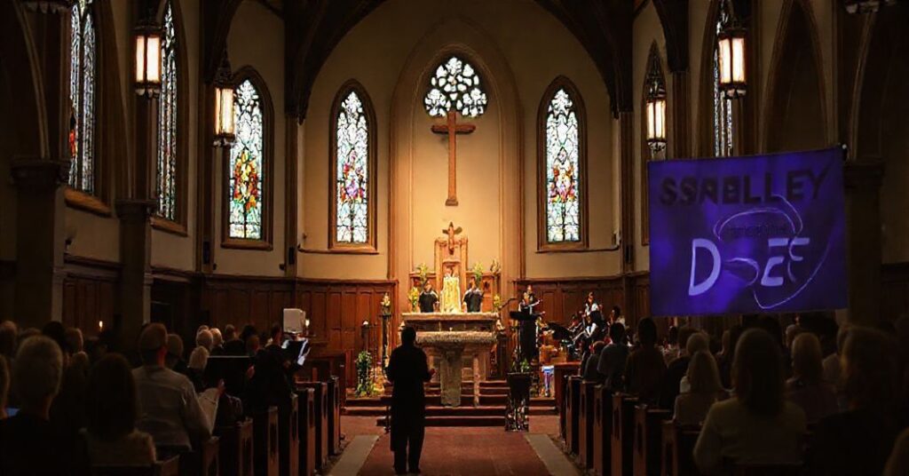 Wnętrze kościoła z pustym ołtarzem i obecnością współczesnej muzyki religijnej i protestanckiej podczas festiwalu „Psallite Deo” w Kętach.