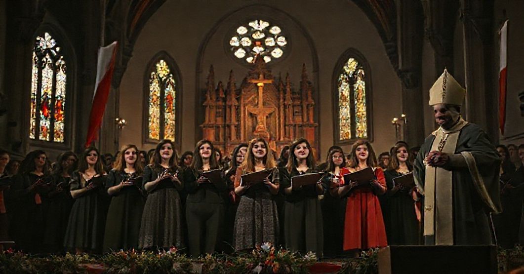 Scena z festiwalu pieśni w Sandomierzu pokazująca mieszanie elementłw religijnych i patriotycznych w kontekście modernistycznym