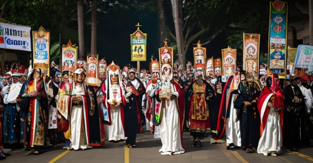 Procesja katolicka podczas festiwalu Sinulog w Cebu z figurą Dzieciątka Jezus i widocznym sponsorem hazardowym.