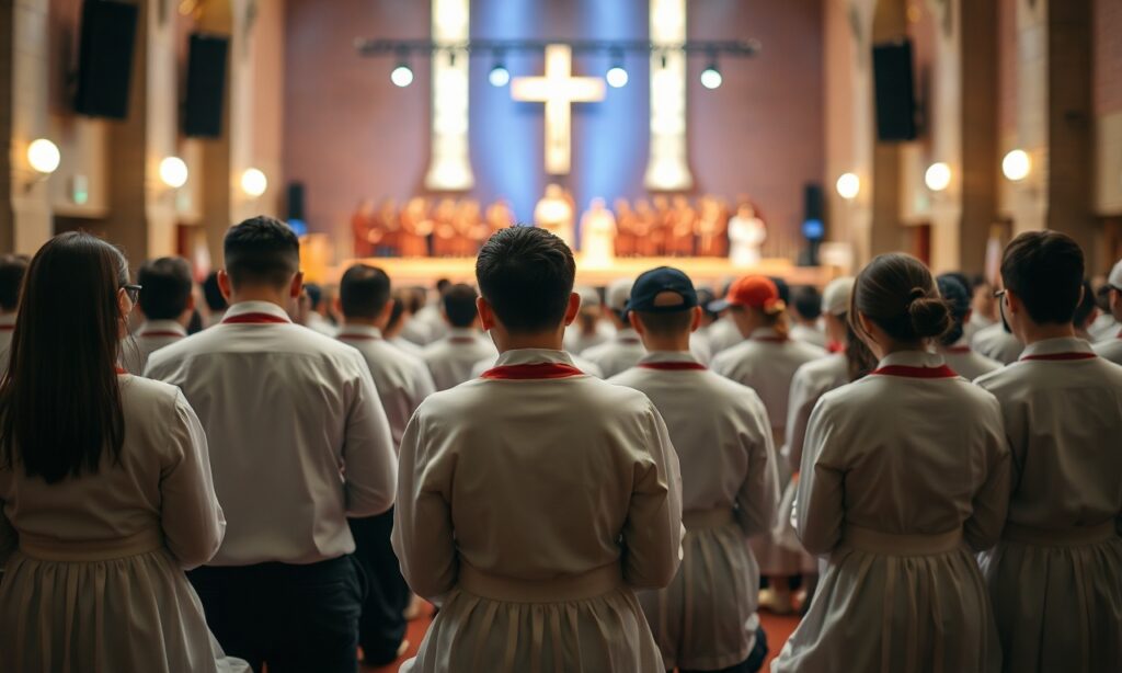 Młodzi modlący się w tradycyjnych katolickich strojach w kościele podczas Festiwalu Życia.