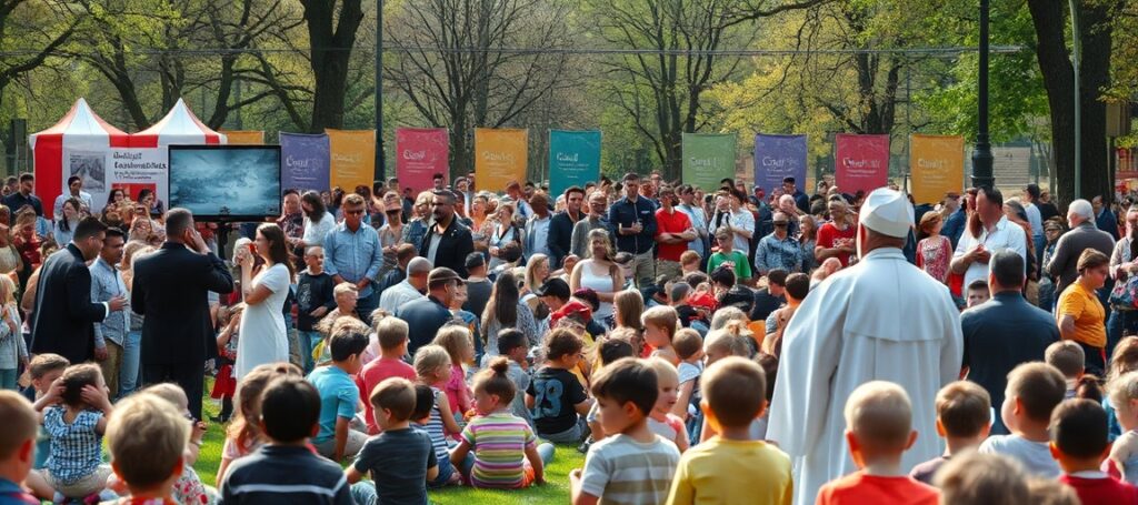 Realistyczny obraz festynu rodzinnego w Parku Legii w Warszawie z udziałem Caritas i dzieci.