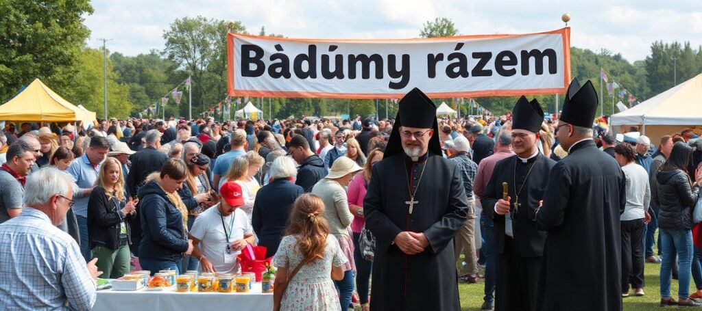 Realistyczne zdjęcie festynu w Leśnym Parku Kultury i Wypoczynku w Myślęcinku. Uczestnicy zabaw i konkursów organizowanych przez Caritas Diecezji Bydgoskiej. Brak symboli religijnych czy odniesień do Chrystusa.