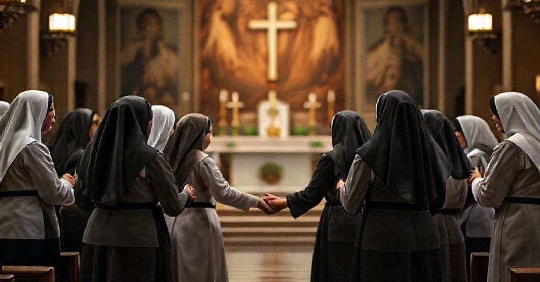 Kobiety w nowoczesnym ubiorze stoją w kościele bez habitu zakonnego, tworzące krąg modlitwy w klimacie pozbawionym duchowej głębokości.