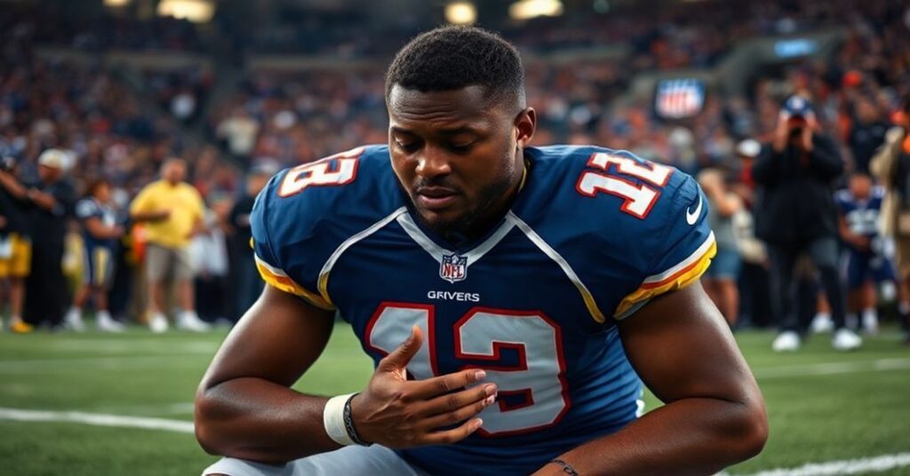 Portret katolickiego sportowca Filipa Riversa modlądcego się przed meczem NFL z widocznym kościołem św. Michała na tle.