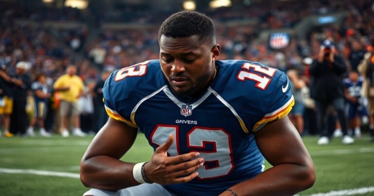 Portret katolickiego sportowca Filipa Riversa modlądcego się przed meczem NFL z widocznym kościołem św. Michała na tle.